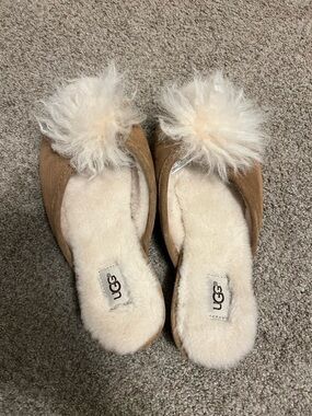 UGG Chestnut Suede Shearling Pom Pom Slip-Ons